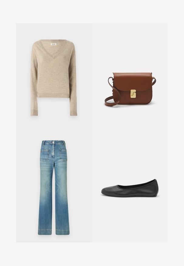 Heledbeeži kudumüts V-kaelusega, pikkade varrukate ja soonikkoes servaga. Pehme tekstuur, lühendatud disain ja peened värvitoonide variatsioonid.; Valge lühikeste varrukatega T-särk ribatud kangast. Ümara kaelusega, tavalisest sobivusest ja peente õmbluse detailidega. Ilma mustrite või graafikateta.; Heledad sinine denimist laienevad teksad viie tasku, vöödega, nööbiga kinnitusega ja kergelt tuhmise tekstuuriga, tagaküljel punane logo detail.; Musthave mustika tantsutossud mustast nahast, ümmarguse varbaga, siledast tekstuurist, minimaalse õmblusdetailiga ja paindliku tallakujundusega.; Pruunist nahast käekott, millel on klapiga sulgur, kuldne riistvara, õlarihm ja sile tekstuur. Kompaktne ristkülikukujuline vorm.