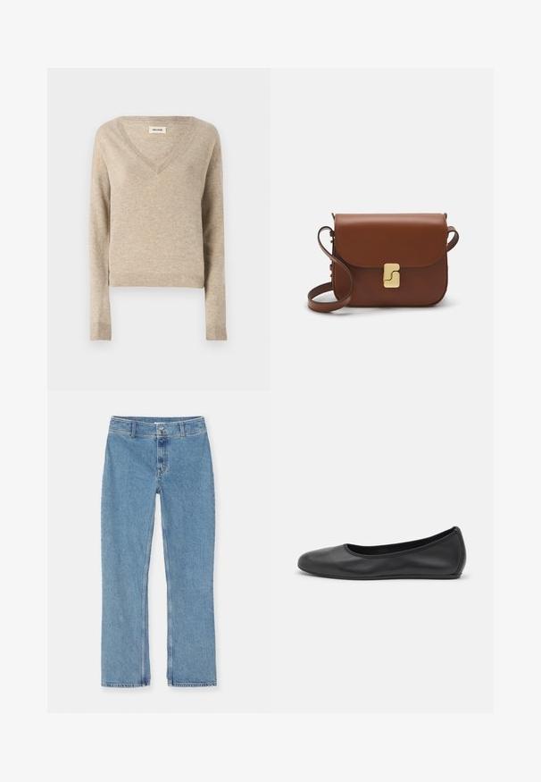 Šviesiai smėlinis megztinis su V formos kaklu, ilgomis rankovėmis ir briškais kraštais. Minkšta tekstūra, trumpas dizainas ir subtilios spalvų variacijos.; Balta trumpa rankovėmis marškinėliai, pagaminti iš pasiruošusio audinio. Apvali iškirptė, reguliari tinkamumas ir subtilūs siuvimo detalės. Be raštų ar grafikos.; Šviesiai mėlyni tiesaus kirpimo džinsai su mygtukų ir užtrauktuko uždarymu, diržo kilpos ir standartinis siuvimas ant balto fono.; Juodai odiniai baletai su apvaliu pirštu, lygi texture, minimalus siuvimo detales ir lanksčiu padų dizainu.; Ruda odinė rankinė su uždaromu dangteliu, aukso spalvos detalėmis, petneša ir lygiu paviršiumi. Kompaktiška stačiakampio formos.