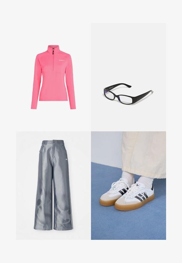 Pika roosa, pika varrukaga pullover, millel on pooltõmblukk kaeluses, valmistatud siledast, kergest kangast, ning sellel on rinnal valge O'Neill'i logo.; Laiad püksid läikivast hallist materjalist, valgete külgtriipudega ja põlevate mustritega alumistes jalgades. Nööp ja lukku kinnitamine vööl.; Valged tossud mustade triipudega ja beeži nahaga aktsentidega. Omavad tekstuuriga kummist talla ja lamedaid valgeid paelu, kantud heledate sokkidega.; Mustad mustad prillid selgete läätsedega. Läikiv viimistlus, kitsad vars, ja läätsede servadel on nähtav lilla varjund.