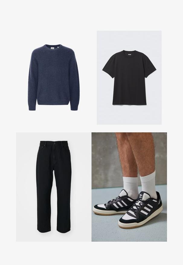 Navy blue knitted sweater with a round neckline, long sleeves, and ribbed texture. Made from soft, cozy fabric.; Black short-sleeve t-shirt made of cotton. Features a crew neckline and a relaxed fit. Simple design with no patterns or accents visible.; Black denim jeans featuring a straight cut, lightweight texture, five-pocket design, and a button closure at the waist.; Black and white sneakers with a suede and leather upper, featuring three white stripes, a perforated toe, and a gum rubber sole.