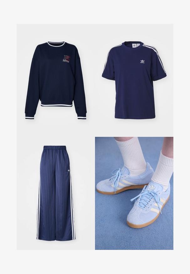 Felpa blu navy realizzata in morbido tessuto, con scollatura rotonda, rifiniture a costine bianche e logo stampato sul petto. Maniche lunghe.; adidas Originals 3 STRIPE - T-shirt con stampa - dark blue; Pantaloni a gamba larga blu navy con strisce verticali bianche, cintura elastica e tre strisce bianche su ciascun lato, realizzati in un materiale leggero.; Sneaker scamosciate azzurro chiaro con strisce bianche, lacci piatti e suola in gomma. Calze bianche a costine indossate sopra la caviglia.