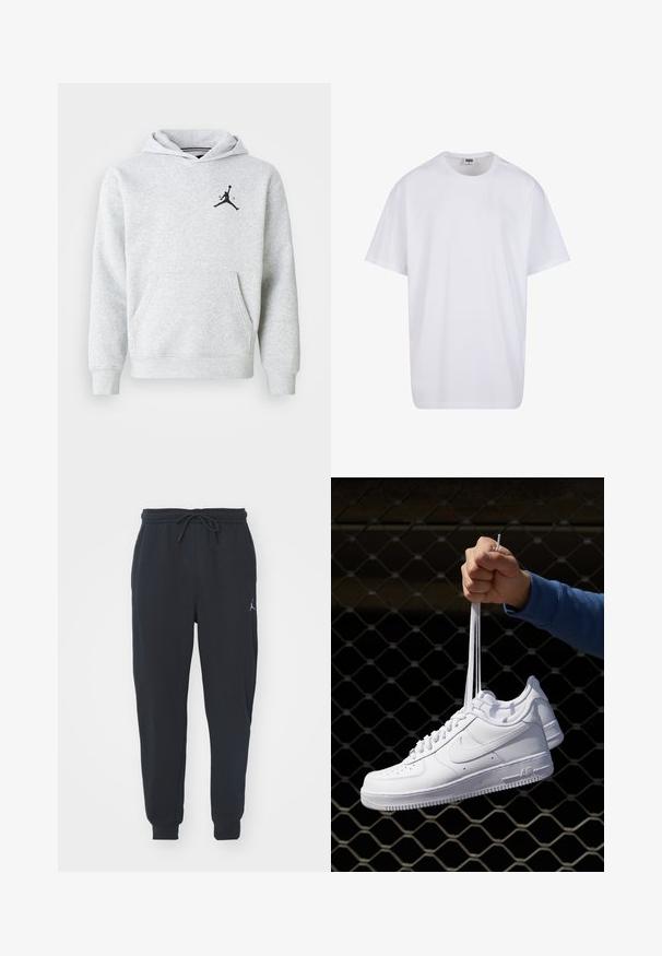 Svetlo šedá mikina s kapucňou z mäkkej látky, obsahujúca predné klokanie vrecko a čierne logo Jordan na hrudi. Štandardný strih s kapucňou.; Biela bavlnená tričko s krátkymi rukávmi, okrúhlym výstrihom, uvoľneným strihom a žiadnymi viditeľnými logami alebo vzormi. Hladká textúra a minimálny dizajn.; Čierne jogger nohavice z mäkkej tkaniny, vybavené elastickým pásom s šnúrkou, ribbovanými manžetami a malým logom na ľavom stehne.; Biele kožené tenisky s perforáciami, okrúhlou špičkou, plochou podrážkou a hrubými šnúrkami, pričom majú viditeľné logo swoosh a nápis "AIR" na päte.