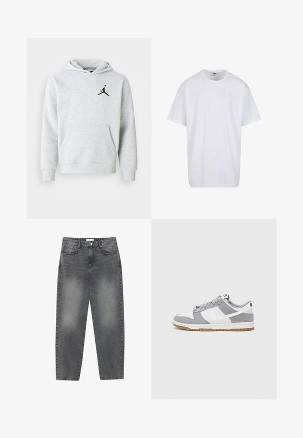 Harmaa huppari, joka on valmistettu pehmeästä kankaasta. Siinä on etupuolella kenguru-tasku ja musta Jordan-logo rinnassa. Säännöllinen malli, jossa on huppu.; Valkoinen puuvillainen t-paita, jossa on lyhyet hihat, pyöreä kaula-aukko, rento istuvuus ja ei näkyviä logoja tai kuvioita. Sileä pinta ja minimaalinen muotoilu.; Korkeavyötäröiset, väljät farkut haalistuneesta mustasta denimestä. Ominaisuuksiin kuuluu viisi taskua, vyölenkit ja siisti, suora lahjetyyli.; Harmaa ja valkoinen lenkkari, jossa on mokka- ja nahkapinta, pyöreä kärki, litteät nauhat ja kumipohja, jossa on vaahtomuoviväri.
