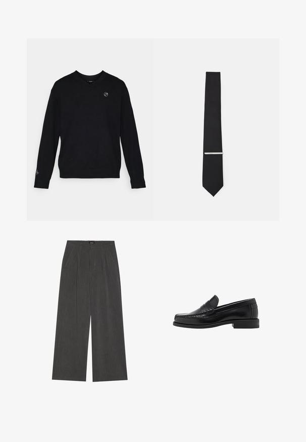 Musta V-kaula-aukko neulepaita pehmeästä kankaasta, jossa on pitkät hihat. Vasemmassa rinnassa on pieni pyöreä logo; hienovarainen brodeeraus vasemmassa hihassa.; Valkoinen napapaidan paita pitkillä hihoilla, joka on valmistettu sileästä puuvillakankaasta. Klassinen kaulus ja hienovarainen kiilto. Viisi nappia edessä.; Rento-hameet tummanharmaasta kankaasta, jossa on pleidatut etuosat, kaksi sivutaskua ja litteä vyötärö. Sujuva rakenne ja räätälöity muotoilu.; Musta nahkayksilöinen loafersi, jossa on sileä pinta, ommellut yksityiskohdat varpaisiin ja matala kanta mukavuutta ja tyyliä varten.; Musta solmio, joka on valmistettu sileästä kankaasta, kapealla leikkauksella ja hopeisella solmionsiteellä, joka korostaa sen muotoilua.