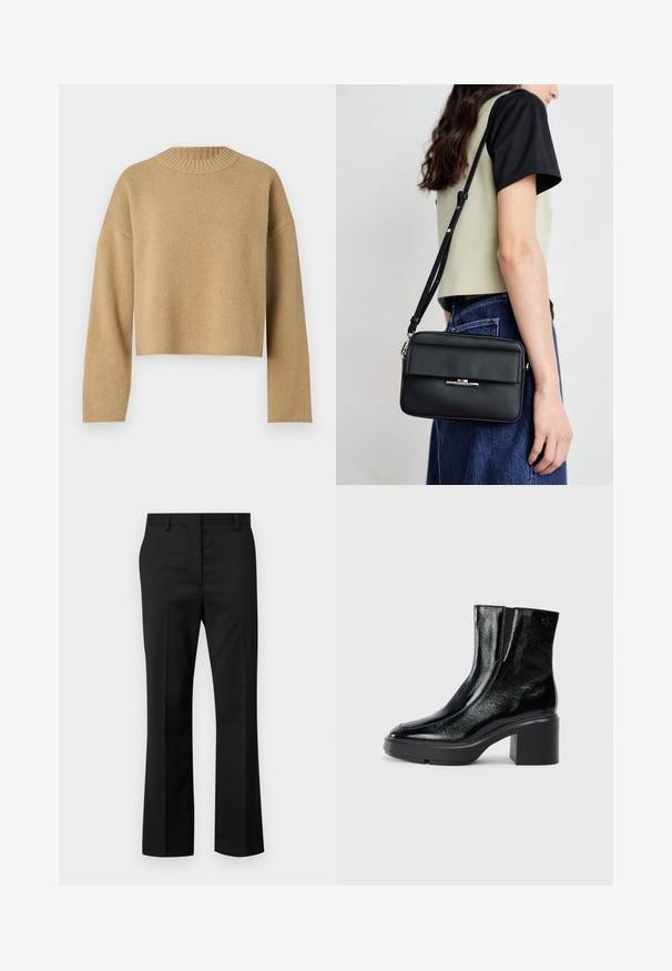 Beige, verkürzter Pullover mit strukturiertem Strick, rundem Rippkragen und langen Ärmeln. Schlichtes Design ohne zusätzliche Muster oder Metallteile.; Schwarze maßgeschneiderte Hose mit geradem Bein. Hergestellt aus einem glatten Stoff, mit flacher Vorderseite und standardmäßigem Bund mit Gürtelschlaufen.; Schwarze Lackleder-Stiefeletten mit einer geschwungenen Zehenpartie, elastischen Seiteneinsätzen und einem klobigen Blockabsatz. Mit geprägtem Logo auf der Rückseite.; Calvin Klein LINEAR CAMERA BAG - Umhängetasche - black