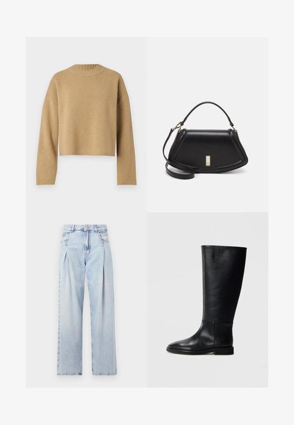 Pull en beige, raccourci, avec un tricot texturé, un col rond côtelé et des manches longues. Design simple sans motifs ou accessoires supplémentaires.; Jeans en denim bleu clair avec taille haute, coupe large, deux poches latérales et design plissé. Texture douce avec une finition décolorée.; Botte en cuir noir, montant jusqu'au genou, avec un bout arrondi, texture lisse, design minimaliste et semelle plate. Détails de couture simples sur la tige.; Sac à main en cuir noir avec un design structuré, featuring une forme cropped, une poignée supérieure et des accents en matériel doré. Bandoulière réglable incluse.