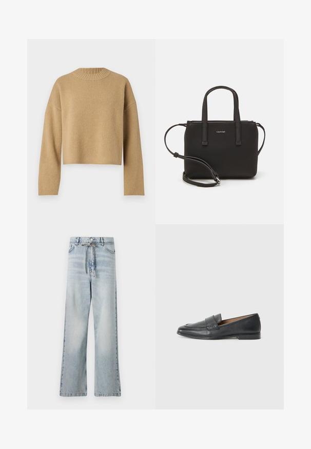 Bež, lühike särk tekstureeritud kudumine, ümmargune soonikkoes kaelus ja pikad varrukad. Lihtne disain ilma täiendavate mustrite või kinnitusdetailideta.; Heledad sinise värvi laiad teksapüksid, mis on valmistatud denimist, kõrge vöökoht, ees taskud ja vöökoha nööridetail. Kulunud tekstuur.; Mustad mustad nahast kingad, millel on sile tekstuur, kerge läige, ümar varvas ja väike dekoratiivne õmblus ees.; Musthave mustrans vöö ja eemaldatav õlarihm. Gludike nahk siledaga, millel on tõmblukk ja logo detail.