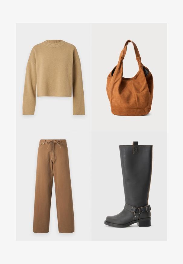 Maglione cropped beige con un motivo a maglia texturizzato, scollatura rotonda a costine e maniche lunghe. Design semplice senza ulteriori motivi o accessori.; Pantaloni larghi marroni in cotone, con vita elasticizzata e due tasche frontali. Tessuto strutturato con una finitura liscia.; Stivale nero in pelle alta fino al ginocchio con finitura texturizzata, caratterizzato da un'accento a fibbia laterale e un tacco basso. Cuciture dettagliate lungo le cuciture.; Borsa a spalla in suede marrone con una texture morbida, forma curvata e due manici. Presenta un design minimalista senza hardware o accenti visibili.