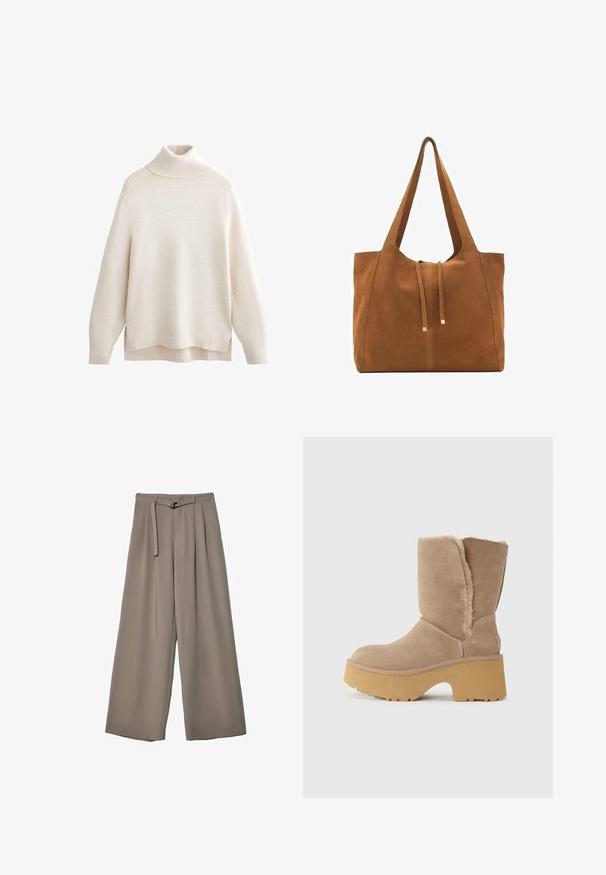 Kerman turtleneck-pullover, ribbet krage og manchetter, blødt strikket tekstur, afslappet pasform, sidesprækker og let længere bagkant.; Suurille lahkeille housuille pehmeässä, hillityssä harmaassa kankaassa, jossa on vyötäröllä vyö ja lisää muotoilun yksityiskohtia kuploissa. Sileä rakenne, ei kuvioita.; Beige mokkanavavilliset saappaat keskipitkiin sääriin, paksulla keltaisella alustalla. Pehmeä, tekstuuripintainen vuori ja pyöreä kärkitoteutus. Yksinkertainen ulkopinta.; Ruskea nubuk-olkalaukku, jossa on kaksi pitkää hihnaa, naru- ja minimalinen sulkemismekanismi. Tasainen pinta ja ei näkyviä metalliosia.