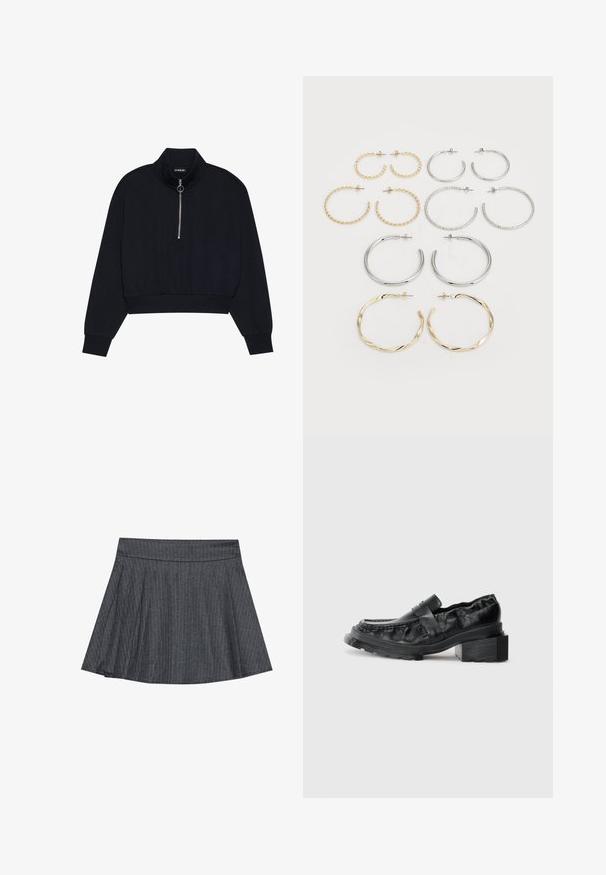 Svart avkortet pullover laget av myk stoff, med høy krage, en frontglidelås med en sølvdrager, og ribbede mansjetter og kant.; To lange ermer. En hvit og en svart, begge i lett bomull med bred båtutringning og slim fit.; Grå rutete skater skjørt med en tettsittende midje, utflared A-linjefasong og myk stofftekstur. Loddrette linjer øker den visuelle interessen.; Sorte lærlofer med en strukturert såle, som har en lett hevet blokkhæl og en teksturert overdel, sikret med en frontstropp.; Sett med tolv hoop øredobber i sølv- og gulltoner. Inkluderer vridde, glatte og teksturerte design med ulike størrelser og overflater.