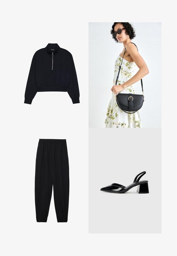 Černý zkrácený pulovr vyrobený z měkké tkaniny, s vysokým límcem, předním zipem se stříbrným táhlem a žebrovanými manžetami a lemem.; Černé, lehké kalhoty s elastickým pasem a nařasenými kotníky. Tkanina je hladká a má uvolněný, zúžený design.; Černé lakované kožené lodičky na pásku s špičatou špičkou a geometrickým blokovým podpatkem. Vyznačují se elegantním, minimalistickým designem a hladkým povrchem.; Černá kožená kabelka s křivkovým tvarem, odnímatelným popruhem a zlatými detaily. Kabelka má klopu s přezkou.