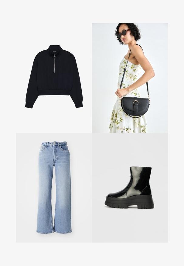 Juodas trumpas puloveris, pagamintas iš minkštos medžiagos, su aukštu apykakle, priekiniais užtrauktukais su sidabriniu traukikliu, ir gipiūro rankovėmis bei apačia.; Šviesiai mėlynos aukšto liemens plačius džinsus su priekiniais ir galiniais kišenėmis, mygtuko uždarymu ir subtiliu blukimu ant šlaunų bei apačių.; Juodas blizgus kulkšninis botas su storu iškilniu padu ir apvaliu pirštu, šoninis vaizdas ant vientiso šviesiai pilko fono.; Juodas odinis krepšys su išlenkta forma, nuimamu dirželiu ir auksiniais detalėmis. Krepšys turi kilpą su sagtimi.