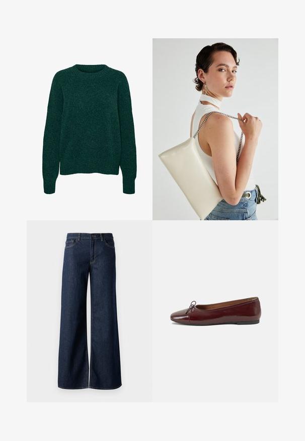 Mørk grønn ull langermet genser med rund hals og ribbestrikkede mansjetter og nederkant, ensfarget strikket tekstur.; Vide benbukser i mørkeblå denim. Har kontrastsøm, fem lommer og en knaplukning i taljen. Glat tekstur.; Burgunderrød lakk lær ballettleilighet med rund tå, liten sløyfe foran og en lav, svart gummisåle. Glatt tekstur.; Hvit rektangulær clutch-veske laget av blankt materiale, med en sølvkjede-stropp. Modellen poserer og viser vesken mot en ensfarget bakgrunn.