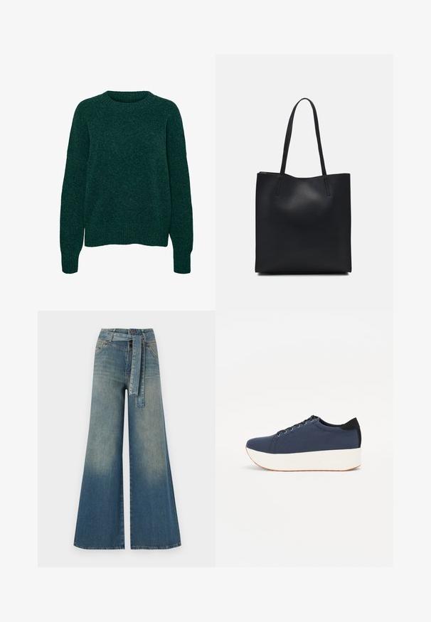 Sötétzöld, gyapjú hosszú ujjú pulóver, kerek nyakkal, bordázott mandzsettával és aljjal, sima kötött textúrával.; Bőszárú farmernadrág, világos és sötétkék árnyalatokkal, magas derekú, övgyűrűkkel és a nadrággal megegyező anyagú övvel. Textúrált farmer kivitel.; Sötétkék sportcipő, texturált szövet felsőrész, fehér platform talp, lekerekített orr és fekete sarok akcentussal. Hat fűzőlyuk található rajta.; Fekete bőrtáska sima felszínnel, téglalap alakú, két hosszú füllel. Nincs látható fémkiegészítő vagy díszítés.