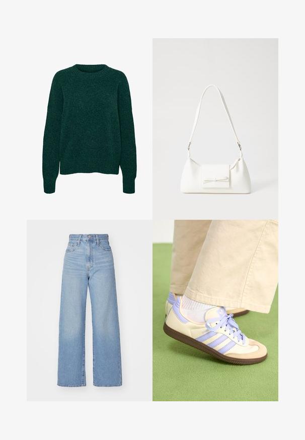Mørk grønn ull langermet genser med rund hals og ribbestrikkede mansjetter og nederkant, ensfarget strikket tekstur.; Lys blå høytlivs vide jeans med knapp- og glidelås lukking foran, foran og bak lommer, på en hvit bakgrunn.; Kremfargede og lavendelfargede joggesko med tre striper og en teksturert brun såle, med lisser og en polstret hæl. Mykt stofføvre.; Hvit syntetisk håndveske med trekantet form, flat klaff foran og sløyfe detaljer, justerbar stropp, glatt tekstur og minimalistisk design.