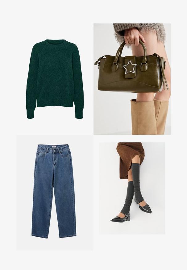 Temno zelena volnena dolga majica z dolgimi rokavi, okroglo izrezana in z rebrastimi manšeti in robom, z enostavno pleteno teksturo.; Klasične modre jeans hlače s ravnim krojem, petimi žepi in gumbom za zapiranje. Imajo srednje pranje in trdno teksturo.; Črne lakirane čevlje s pointy prsti in blok peto ter z naramnicami za gleženj, ki jih kombiniramo s sivimi rebrastimi nogavicami in rjavim suknjičem iz usnja.; Olivnozeleno usnjeno ročno torbico z srebrno zvezdo, dvema ročajema in zadrgo. Teksturna površina in strukturirana oblika.