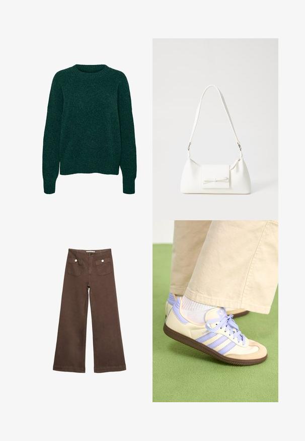 Ciemnozielony wełniany sweter z długim rękawem, o okrągłym dekolcie oraz ściągaczami u mankietów i na dole, w gładkim splotcie.; Czerwone spodnie typu wide-leg wykonane z bawełny, z dwoma przednimi kieszeniami zapinanymi na srebrne guziki oraz gładką fakturą.; Kremowe i lawendowe trampki z trzema paskami oraz teksturowaną brązową podeszwą, wyposażone w sznurówki i wyścieloną piętę. Górna część z miękkiego materiału.; Biała syntetyczna torba o trójkątnym kształcie, płaskim przednim klapce i detalach w postaci kokardy, regulowanym pasku, gładkiej fakturze oraz minimalistycznym designie.