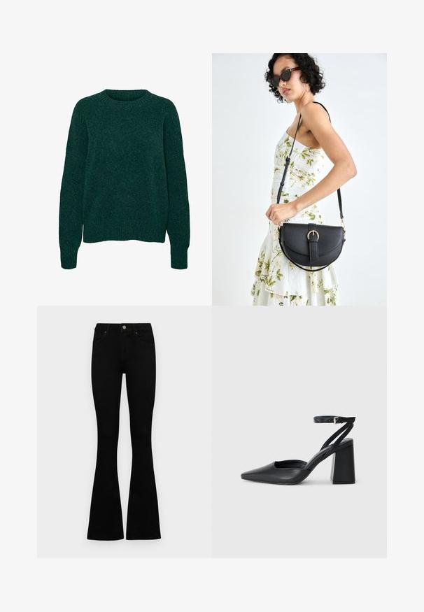 Mørk grønn ull langermet genser med rund hals og ribbestrikkede mansjetter og nederkant, ensfarget strikket tekstur.; Sorte høytlivsjeans med knapp og glidelås, frontlommer og utsvingte bein liggende flatt på en hvit bakgrunn.; Svart lær pumps med spiss tå, ankelrem og kraftig hæl. Flat tekstur, strømlinjeformet design og minimalisme.; Svart lærveske med en buet form, avtagbar stropp og gullbeslag. Vesken har et klaff med spenne-detall.