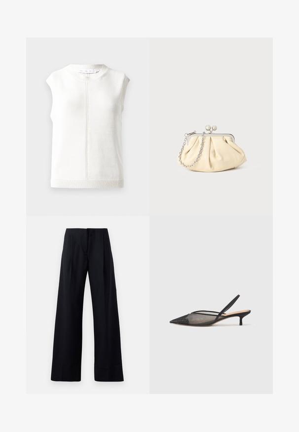 Top de malha branca, sem mangas, com decote redondo, barra canelada e tecido texturizado. Apresenta um detalhe de costura central que corre verticalmente.; Calças pretas com riscas, de pernas largas, apresentando pregas nítidas e um acabamento limpo. Feitas de um tecido leve e suave.; NEOUS IRENA - Saltos clássicos - black; Clutch de couro bege plissado com uma estrutura de metal prateado, apresentando dois fechos decorativos redondos e uma alça de corrente prateada.