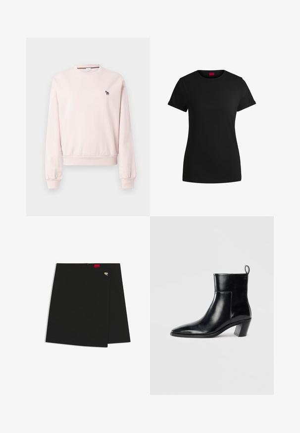 Różowa bluza z miękkiego materiału, z okrągłym dekoltem i ściągaczami przy rękawach oraz u dołu. Zawiera małe haftowane zebry w odcieniach czerni i bieli na klatce piersiowej.; Czarna bawełniana koszulka z krótkimi, podwiniętymi rękawami, okrągłym dekoltem i czerwoną metką. Gładka tekstura, dopasowany fason z minimalnymi detalami.; Czarna spódnica o kroju kopertowym z gładką fakturą, z czerwoną metką logo i srebrnym akcentem. Prosty design z czystym cięciem.; Czarne skórzane botki do kostki z wąskim noskiem, geometrycznie uformowanym, grubym obcasem oraz pętlą z tyłu. Gładka faktura i elegancki design.