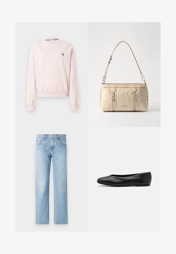 Růžová mikina s kulatým výstřihem vyrobená z měkkého materiálu, s žebrovanými manžetami a lemem. Na hrudi je malá černobílá vyšitá zebra.; Světle modré džíny s rovného střihu, pěti kapsami, zapínáním na knoflík a zip a mírně vybledlým vzhledem.; Paul Smith TOPANGA - Klasické baleríny - black; Beige kožená kabelka se stříbrným kováním, dvě boční zipy, strukturovaný design a odnímatelný popruh pro všestranné nošení.