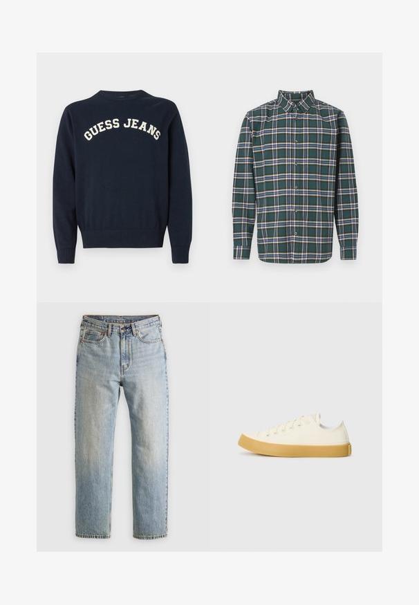 Laivastonsininen neulepaita, jossa on pyöreä pääntie ja resorireunukset hihoissa, rinnan kohdalla vaaleanbeigellä kirjailtu "GUESS JEANS".; Vihreä flanellisydän, jossa on ruutukuvio, jossa on siniset, valkoiset ja sinapinkeltaiset viivat. Napitettu etuosa ja terävä kaulus. Pitkät hihat.; Vaaleansininen farkut, joissa on korkea vyötärö, etunappi, vetoketju ja viisi taskua, asetettu tasaisesti neutraalille taustalle.; Kankava sneakers vaaleassa valkoisessa, pyöreällä varvalla, jossa on beiget kumipohjat ja viisi reikää nauhoille, teksturoitu pinta ylemmässä osassa.