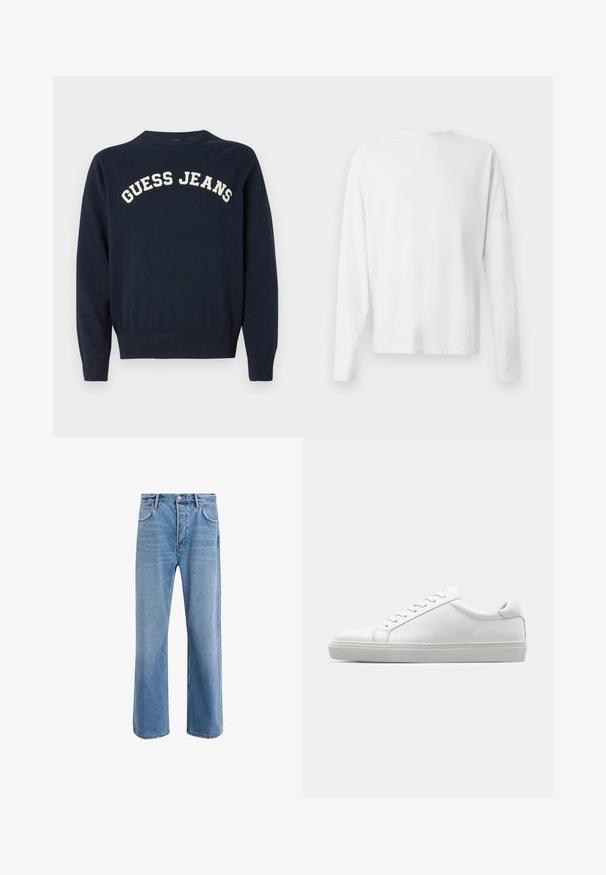 Granatowy dzianinowy sweter z okrągłym dekoltem i ściągaczami przy rękawach, z kremowym haftem "GUESS JEANS" na piersi.; Biała, bawełniana koszula z długim rękawem, okrągłym dekoltem, bocznymi rozcięciami na dole oraz gładką fakturą, wyeksponowana z tyłu.; Jasnoniebieskie dżinsy o prostym kroju, pięć kieszeni, zapięcie na guzik, minimalne blaknięcia i kontrastowe wykończenia szwów.; Białe sneakersy z gładką skórzaną cholewką i niskim profilem. Posiadają okrągły nos, sześć dziurek na sznurówki oraz teksturowaną gumową podeszwę.
