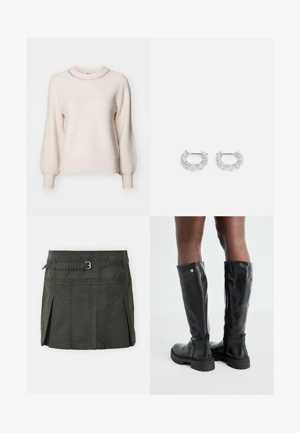 Krämvit tröja med ribbad textur, rund halsringning prydd med silverpärlor, och långa, något puffade ärmar.; Mörkgrön, bomull mini kjol med en figursydd midja, ett bälte och framfall. Har stikningar och en klassisk passform.; Svarta knähöga läderstövlar med en slät textur, rund tå, kraftig sula och dragkedjestängning. Har en silverlogotyp på sidan.; Silverfärgade hoops örhängen som har klara, rektangulära och triangulära kristaller arrangerade i ett mönstrat design. Stift för säker fastsättning.