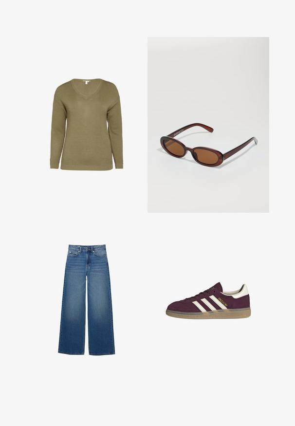 Sweter dzianinowy w oliwkowej zieleni z dekoltem w serek, długimi rękawami oraz teksturowanym materiałem z prążkowanym dołem i mankietami.; Szerokie niebieskie dżinsy wykonane z denimu, z wysokim stanem, przeszyciami i prostym krojem z delikatnym efektem przetarcia.; Bordowe zamszowe trampki z białymi trzema paskami i beżowymi akcentami. Mają teksturowaną gumową podeszwę i złote oznaczenia po boku.; Okrągłe, brązowe okulary przeciwsłoneczne z błyszczącą bordową oprawą. Cienkie ramiona z subtelnym detalem marki. Płaski kształt soczewek.; Brązowa torebka skórzana pleciona o luźnym, trójkątnym kształcie. Posiada pleciony uchwyt i zamek błyskawiczny na górze.