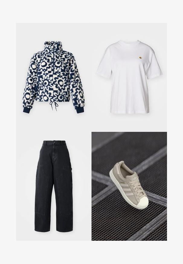 Pullover in pile con motivo floreale astratto blu navy e bianco, apertura a mezza zip sul davanti, colletto alto, polsini elastici e orlo con coulisse.; Maglietta in cotone bianco con vestibilità rilassata, maniche corte e un piccolo logo ricamato sul lato sinistro del petto.; Pantaloni cargo in denim nero a gamba larga con vita alta, due grandi tasche frontali e chiusura con bottone in vita. Texture liscia, design casual.; Sneaker beige Adidas Superstar con superiore in pelle testurizzata, tre strisce laterali, punta rotonda e logo sulla linguetta e sul tallone.