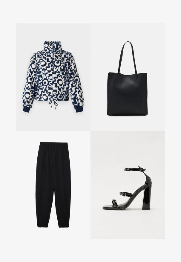 Fleece pullover met een marineblauw en wit abstract bloempatroon, half-rits voorkant, hoge kraag, elastische manchetten en een trekkoord onderrand.; Zwarte, lichte broek met een elastische tailleband en gathered enkels. De stof is glad en heeft een ontspannen, taps toelopend ontwerp.; Zwarte gepatenteerde sandalen met hak en een vierkante neus, enkelbandjes en zilveren gespen. Heeft een stevige blokhak voor stabiliteit.; Zwarte leren handtas met een gladde textuur, rechthoekige vorm en twee lange handvaten. Geen zichtbare hardware of versieringen.
