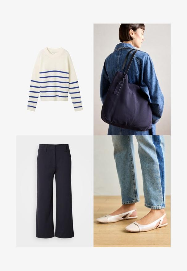 Krämfärgad stickad tröja med horisontella blå ränder, rundad halsringning, långa ärmar samt ribbade mudd och nederkant. Mjuk textur och avslappnad passform.; Breda byxor i mörk marinblått tyg. Har flat front, bältesöglor och sidofickor. Materialet är slätt med en lätt stretch.; Ljust rosa slingback-lägenheter med spetsig tå, tillverkade av ett slätt läderliknande material. Har utskurna detaljer på sidorna och en platt häl.; Marinblå kanvas axelväska med en mjuk, strukturerad form, med en svart rem, stickade detaljer och en liten varumärkeslapp.