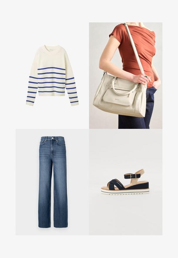 Maglione in maglia crema con righe orizzontali blu, scollatura tonda, maniche lunghe e polsini e orlo a coste. Tessuto morbido e vestibilità casual.; Jeans in denim blu con vita alta e taglio ampio. Caratterizzati da un classico design a cinque tasche e dettagli con bottoni in metallo.; Sandalo blu navy con due cinturini in tessuto, cinturino alla caviglia regolabile e retro beige testurizzato. Suola spessa, bianca e scalloppata. Marca stampata sul cinturino.; Borsa a tracolla bianca in pelle con doppi manici e tracolla staccabile, dotata di una tasca con zip frontale e texture liscia. Portata al braccio di una persona.