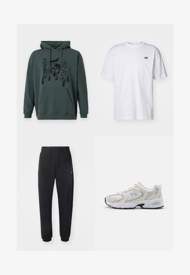 Felpa verde scuro realizzata in morbido tessuto, dotata di tasca frontale, cappuccio con cordino e grafica testuale con un design di occhio e lacrime.; T-shirt bianco a maniche corte con scollo rotondo e piccolo logo nero New Balance sul lato sinistro del petto, su uno sfondo neutro.; Pantaloni della tuta neri realizzati in materiale morbido con vita elastica, coulisse e polsini aderenti, caratterizzati da un logo sottile sul lato.; Scarpa sportiva con tomaia in mesh grigio chiaro e accenti in suede, lacci bianchi e suola in gomma nera. Dettaglio di ammortizzazione ABZORB notevole.