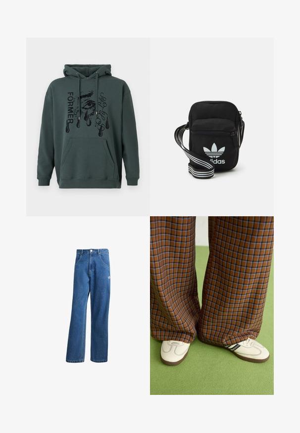 Acest hanorac de un verde închis este fabricat dintr-un material moale și prezintă o buzunar frontal, glugă cu șnur și un text grafic cu un design de ochi și lacrimi.; Jeans din denim cu talie înaltă, cu picioare largi, de culoare albastră, cu buzunare frontale, bucle pentru centură, închidere cu nasture și un mic logo Adidas pe coapsa dreaptă.; Pantaloni largi cu carouri maro și albastru, asociați cu pantofi albi cu accente negre și tălpi texturate, împotriva unui fundal verde.; Geantă de umăr din material textil negru, cu închidere cu fermoar, având un logo Adidas alb și o curea ajustabilă cu dungi pentru o transportare ușoară.