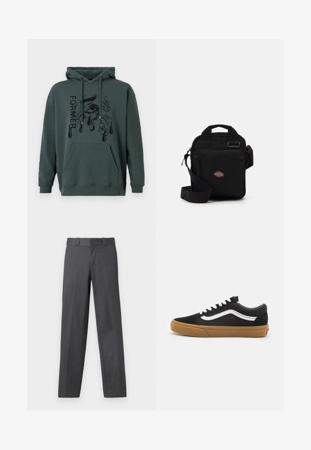 Ciemnozielona bluza z kapturem wykonana z miękkiego materiału, z kieszenią z przodu, sznurkiem w kapturze oraz graficznym tekstem z motywem oka i łezkami.; Szare spodnie z gładkiego materiału, z prostymi nogawkami, zapięciem na guzik i szlufkami na pasek; minimalna ilość szwów i brak wzorów.; Czarne zamszowe trampki z białym paskiem po bokach, białymi sznurowadłami i gumową podeszwą. Klasyczny niski design z teksturowanymi akcentami i zaokrąglonym noskiem.; Czarna torebka na ramię z zamkiem błyskawicznym, prostokątna, wykonana z tkaniny, z naszywką logo z przodu, z regulowanym paskiem na ramię.
