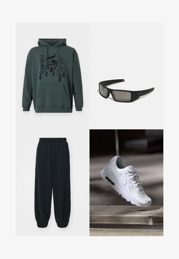 Mörkgrön hoodie i mjukt tyg med en framficka, dragsko för huvan och grafisk text med ett ögonmönster och tårar.; Svarta, elastiska sweatpants med lös passform, mudd vid anklarna, slät textur och utan synliga mönster eller detaljer i metall.; Vita Nike Air Max 90 sneakers med en ovandel i mesh och läder, perforerad tåbox och en synlig luftenhet i hälen.; Svarta solglasögon med matt yta, rektangulära linser, lätt kurva vid skalmarna, diskret logotypdetalj och rökfärgade linser.