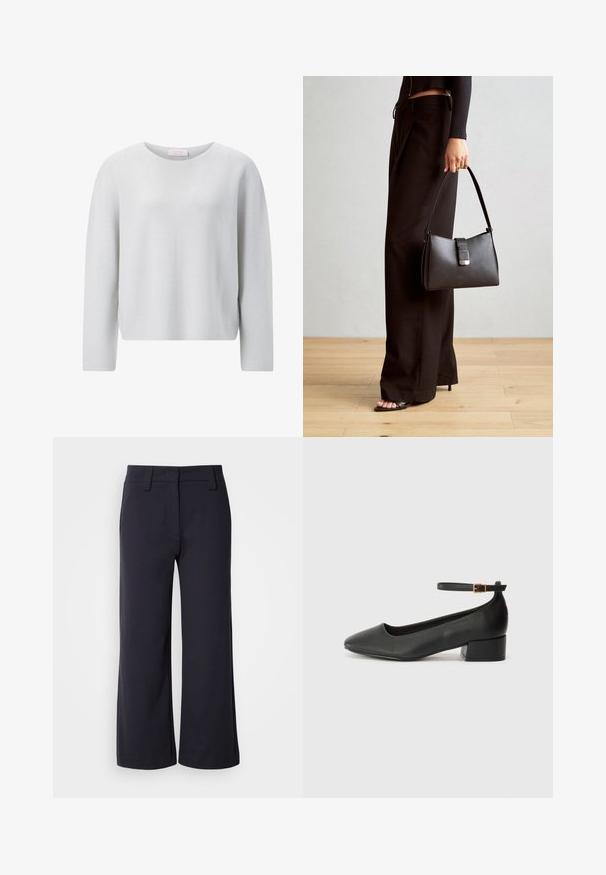 Hellgrauer Pullover, lange Ärmel, runder Ausschnitt, strukturiertes Strickmaterial, lockere Passform, dezente Rippenstruktur an den Manschetten und am Saum.; Weite Hosen aus dunklem Marineblau. Mit flachem Bund, Gürtelschlaufen und seitlichen Taschen. Das Material ist glatt und hat einen leichten Stretch.; Schwarze Lederpumps mit spitzem Zehenbereich und niedrigem Blockabsatz. Mit einem Knöchelriemen und einer goldfarbenen Schnalle. Glatte Textur.; Schwarze Handtasche mit strukturierter Form, glatter Textur und einem metallischen Verschluss. Kombiniert mit weiten schwarzen Hosen und offenen Sandalen auf einem Holzboden.