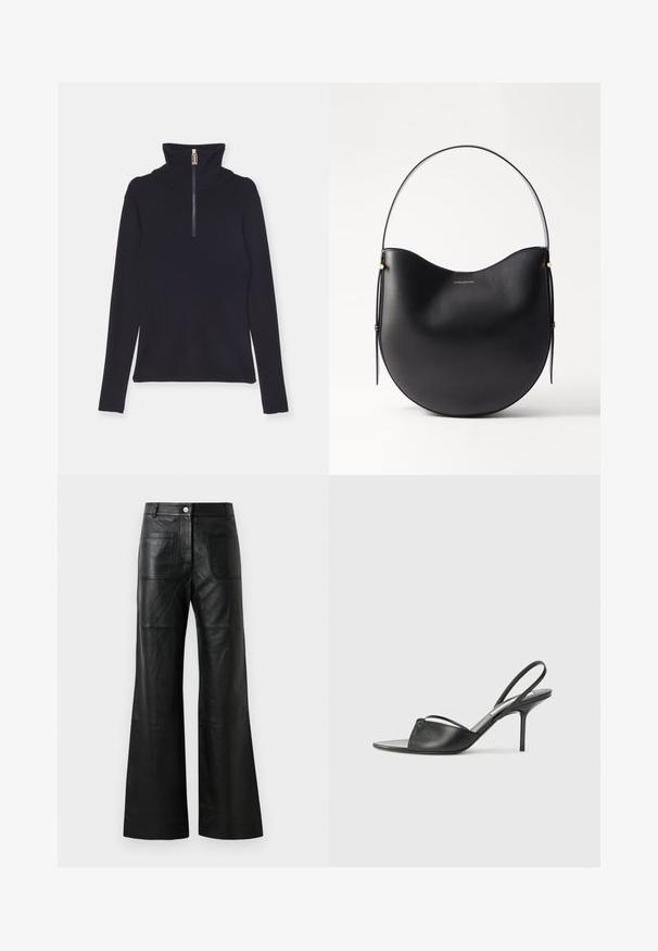 Victoria Beckham HALF ZIP HIGH NECK - Striktrøje - ink blue; Sorte læder bukser med bred ben, frontlommer og knaplukning. Materialet er glat med en let glans og synlige sømdetaljer.; Sorte læder slingback stilethæle med spidse tæer, tynd ankelrem og stilettohæle. Har en knyttet detalje på vamps.; Sort læder skuldertaske med en buet form, tyndt håndtag og diskrete guld accenter. Glat tekstur med minimalistisk design.