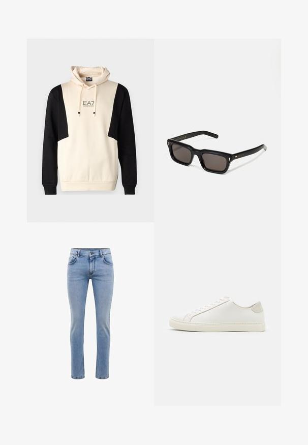 EA7 Emporio Armani FELPA - Felpa - whitecap; Jeans in denim blu chiaro con vestibilità slim, cinque tasche e design a gamba dritta. Presenta un'apertura con zip e passanti per cintura. Texture morbida.; Sneaker bianca in pelle con superficie liscia, punta rotonda e design minimalista. Presenta dettagli beige sul tallone e una suola in gomma.; Occhiali da sole neri rettangolari con lenti scure, montatura spessa in plastica, dettagli dorati sulle tempie e logo del marchio inciso sull'asta.