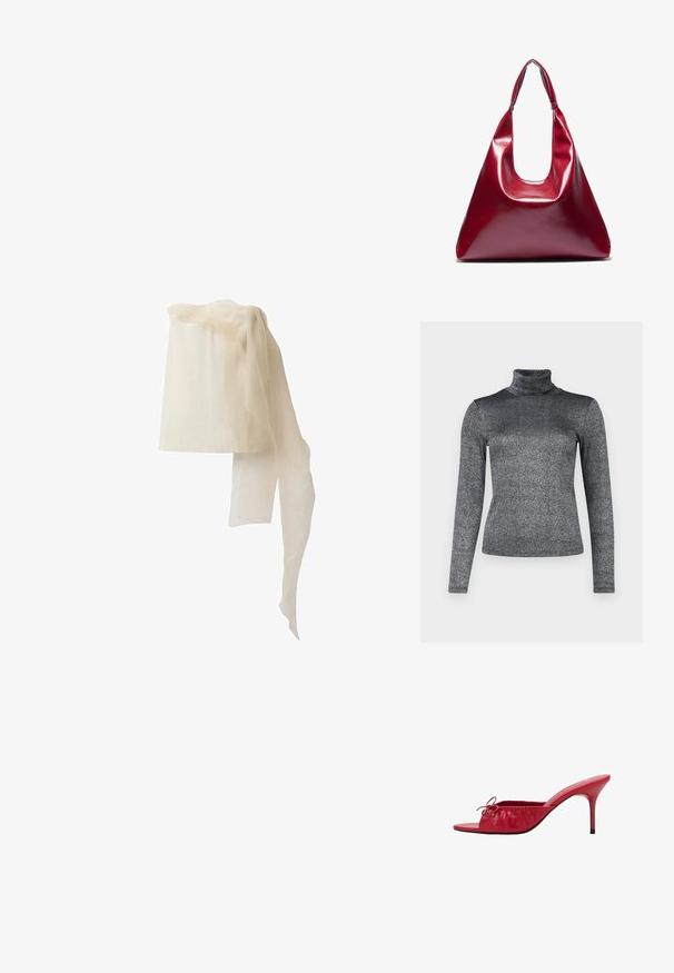 Majica s dugim rukavima i turtleneck iz metalik sive tkanine s sjajnom teksturom. Prilagođeni dizajn s visokim ovratnikom za dodatnu toplinu.; Linen glava u off-white boji, cilindričnog oblika, s laganim, prozračnim šalom koji pada preko vrha, s mekom, prozirnom teksturom.; Crvene kožne sandale s otvorenim prstima, s nabranim, plišanim dizajnom i dekorativnom mašnom. Imaju stiletto potpeticu i glatku završnu obradu.; Crvena sjajna kožna torba u obliku trokuta, širokog otvora na vrhu i jednim zakrivljenim ručkom. Glatka tekstura s minimalnim detaljima šivanja.
