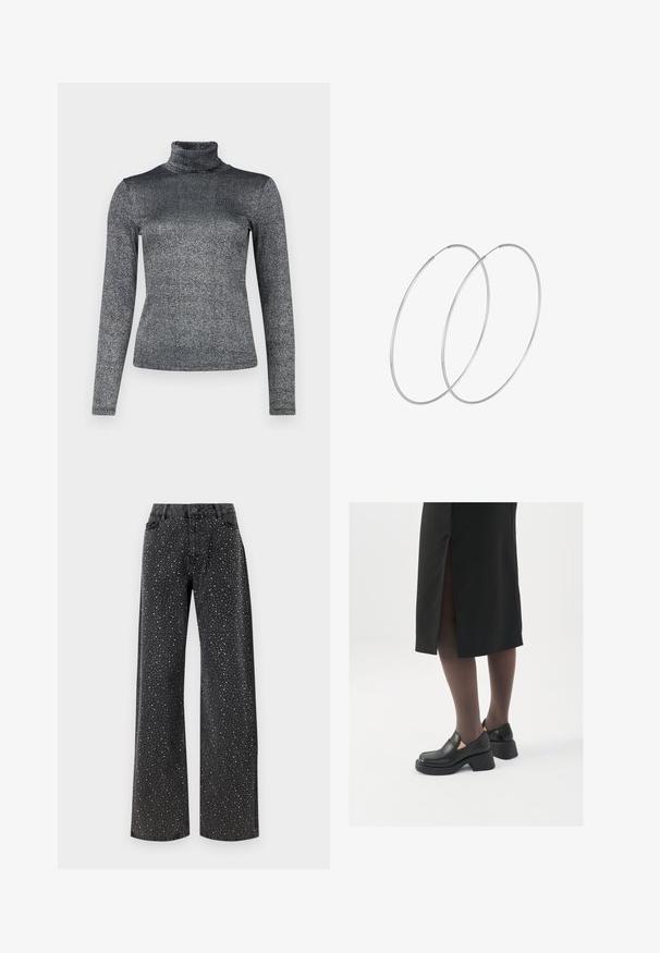 Ilgi piedurkņu turtlenecks tops metāliskā pelēkā audumā ar mirdzošu tekstūru. Matu dizains ar augstu apkakli papildu siltumam.; Noisy May NMJANNEL LOOSE - Brīva piegriezuma džinsi - black denim; Melni ādas apavi ar noapaļotu purngalu, biezām bloku papēžiem un elastīgiem sānu akcentiem, apvienoti ar tumšām zeķubiksēm un melnu svārku ar šķirbu.; Sudraba gredzenveida auskari ar minimālistisku dizainu. Cirkulāra forma, gluda tekstūra un plāns profils. Vieglu svaru ar spīdīgu apdari.