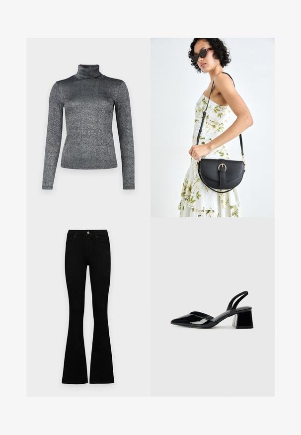 Long-sleeve turtleneck top in a metallic gray fabric with a shimmering texture. Fitted design with a high neck for added warmth.; Black high-waist jeans with a button and zip closure, front pockets, and flared legs laid flat on a white background.; Black patent leather slingback heels with a pointed toe and a geometric block heel. Features a sleek, minimal design and smooth texture.; Black leather handbag with a curved shape, detachable strap, and gold hardware. The bag features a flap with a buckle detail.