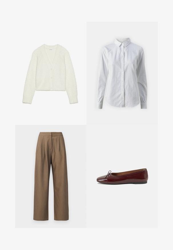Λευκό, υφασμάτινο ζακέτα με V-λαιμόκοψη, μακριά μανίκια και πέντε κουμπιά μπροστά. Μαλακό, αφράτο υλικό με cropped σχέδιο.; Λευκή πουκαμίσα με κουμπιά, φτιαγμένη από λείο βαμβάκι, με κλασικό γιακά, μακριά μανίκια και καμπυλωτό στρίφωμα. Τα κουμπιά είναι μικρά και λευκά.; Καφέ παντελόνι σε φαρδιά γραμμή, κατασκευασμένο από υφή υφάσματος, με ψηλή μέση, πιέτες και ίσια κοπή, με καθαρές ραφές.; Μπορντό παρθένα δερμάτινα μπαλαρίνες με στρογγυλή μύτη, μικρή διακόσμηση φιόγκου στο μπροστινό μέρος και χαμηλή, μαύρη καουτσούκ σόλα. Λείος υφής.