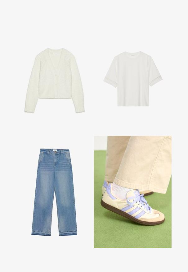 Weißer, strukturierter Cardigan mit V-Ausschnitt, langen Ärmeln und fünf Knöpfen vorne. Weiches, flauschiges Material mit cropped Design.; Weißes T-Shirt mit kurzen Ärmeln aus Baumwolle, mit dekorativem Spitzenbesatz entlang der Ärmel und einem runden Ausschnitt.; Helle blaue hochgeschnittene Schlagjeans mit Knopfverschluss, Fronttaschen, Gürtelschlaufen und subtilen Ausbleichungen.; Cremefarbene und lavendelfarbene Sneakers mit drei Streifen und einer strukturierten braunen Sohle, ausgestattet mit Schnürsenkeln und einer gepolsterten Ferse. Obermaterial aus weichem Stoff.