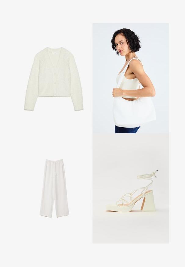 Valkoinen, teksturoitu neuletakki, jossa on V-pääntie, pitkät hihat ja viisi nappia edessä. Pehmeä, pörröinen materiaali, jossa on lyhyt muoto.; Valkoiset leveälahkeiset housut kevyestä kankaasta. Ominaisuuksiin kuuluu elastinen vyötärö, jossa on nauhakuuluma ja sivutaskut. Sileä rakenne.; Valkoinen korkokenkä, jossa on paksu korko, ja joka sisältää nauhakiinnityksen ja nilkkaketjun. Sujuva pinta, jossa on platform-etupohja lisäkorkeutta varten.; Valkoinen olkalaukku, joka on valmistettu sileästä materiaalista, ja siinä on soikioaukko sekä leveä olkaremmi. Yksinkertainen ja moderni, ilman näkyvää metalliosaa.