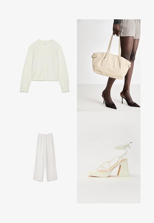Bílý, texturovaný cardigan s výstřihem do V, dlouhými rukávy a pěti knoflíky vpředu. Měkký, nadýchaný materiál s krátkým střihem.; Bílé široké kalhoty vyrobené z lehké tkaniny. Mají elastický pas se šňůrkou a boční kapsy. Hladká textura.; Bílé sandály na vysokém podpatku s robustním podpatkem, s designem s pásky a zavazováním kolem kotníku. Hladký povrch s platformou vpředu pro zvýšení výšky.; Bežová kabelka přes rameno s hladkým koženým povrchem, strukturovaným tvarem, dvěma ušima a postranním zdobením na sponách. Vytvořeno v elegantní kombinaci s černými lodičkami.