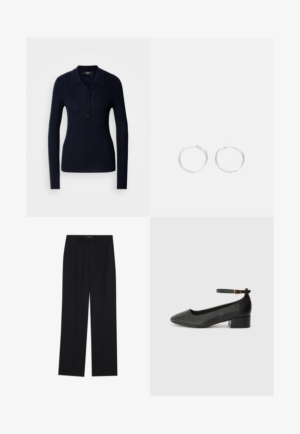 Marineblauwe polo met lange mouwen, gemaakt van gestructureerde ribstof. Het heeft een kraag, knoopsluiting en een aansluitende pasvorm.; Zwarte broeken met een rechte pijpontwerp, voorzien van twee voorkanten zakken en een tailleband. Gemaakt van een gladde, lichte stof.; Zwarte leren pump met een spitse neus en een lage blokhak. Beschikt over een enkelband met een goudkleurige gespsluiting. Gladde textuur.; Zilveren ronde oorbellen met een strak ontwerp, voorzien van een glad oppervlak en zonder zichtbare versieringen. Diameter niet opgegeven.