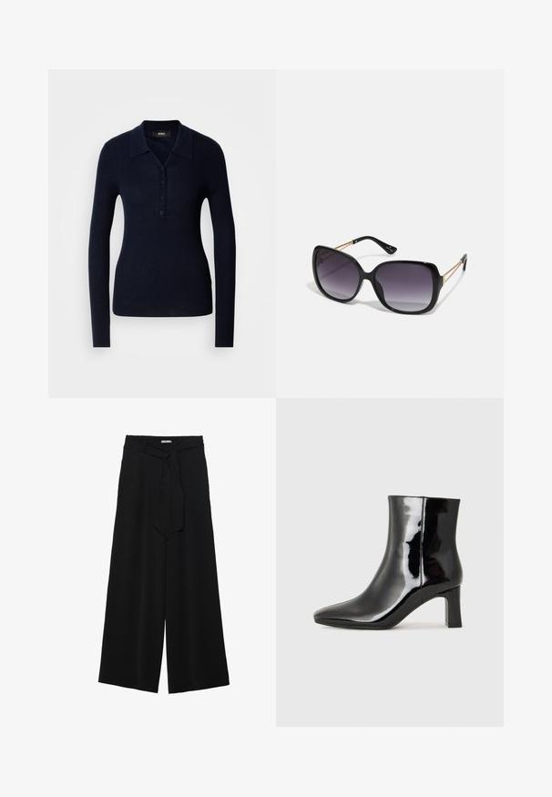 Navy long-sleeve polo top made from textured ribbed fabric featuring a collar, button placket, and fitted silhouette.; Black wide-leg pants featuring a textured fabric, an elastic waistband, and a detachable sash tie at the waist for adjustable fit.; Black patent leather ankle boot with a pointed toe and a mid-height block heel. Smooth texture and minimalist design.; Black oversized sunglasses with gradient lenses, thick frames, and gold-tone chain detailing on the temple arms.