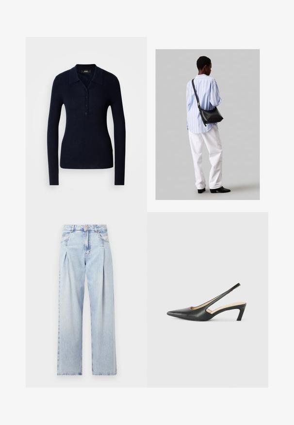 Granatowa longsleeve polo wykonana z teksturowanej ribbowanej tkaniny, z kołnierzykiem, plastronem na guziki i fasonem dopasowanym.; Jasnoniebieskie dżinsy z wysokim stanem, szerokimi nogawkami, dwoma bocznymi kieszeniami oraz plisowanym wzorem. Miękka tekstura z wyblakłym wykończeniem.; Czarny but na obcasie typu slingback z ostro zakończonym noskiem, z niskim obcasem, wykonany z gładkiej skóry, z wycięciem po boku dla lepszej wentylacji.; Czarna skórzana torba na ramię o miękkiej fakturze, w kształcie trójkąta, z regulowanym paskiem, połączona z jasnoniebieską koszulą w paski i białymi spodniami.; Srebrna obrączka podwójna z gładką, polerowaną powierzchnią. Posiada płynny, zakrzywiony kształt z nakładającymi się sekcjami, co nadaje nowoczesny wygląd.